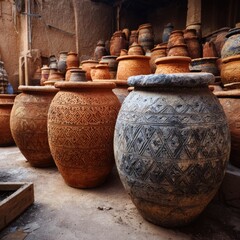 Clay pots in a market stall