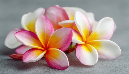 Close-up of delicate pink and white plumeria blossoms