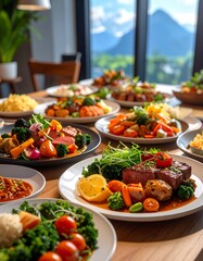 Buffet of various dishes with mountain view