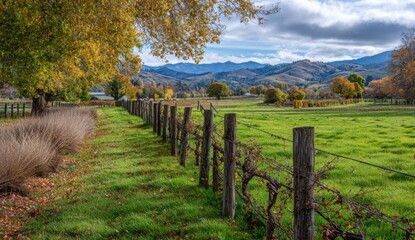 Autumnal rural landscape with a weathered fence