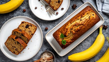 Baked banana bread on plates