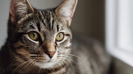Close up portrait of a tabby cat s face with striking yellow green eyes looking to the side