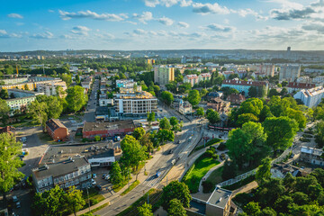 Drone view of the Brzeźno district in Gdańsk on a summer evening.