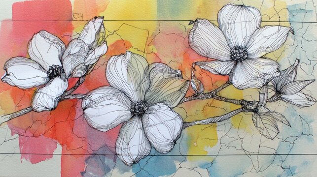 Watercolor & line drawing of dogwood blossoms against a colorful background