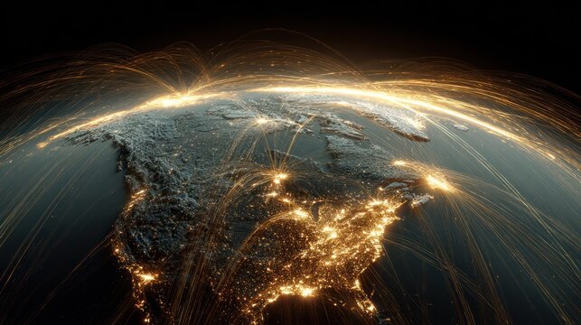 Earth, North America, glowing lines