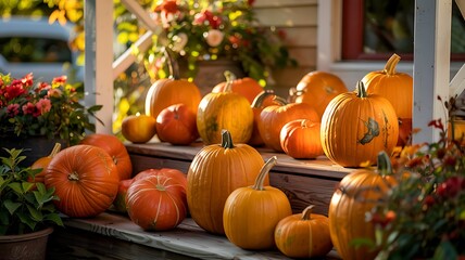 Autumn harvest pumpkins decoration cozy fall porch scene