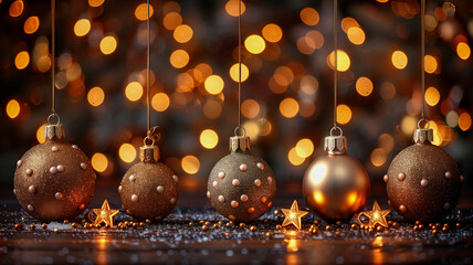 Golden shiny spheres with glowing reflections and bokeh lights, luxury festive background, abstract elegant decoration for celebration and holiday design