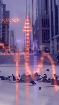 Earthquake animation over city street with cracked pavement and buildings