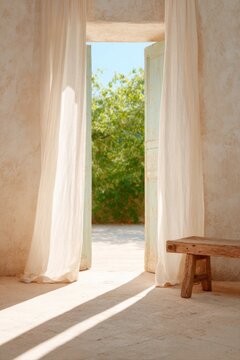 Sunlit doorway reveals serene outdoor greenery, soft curtains fl