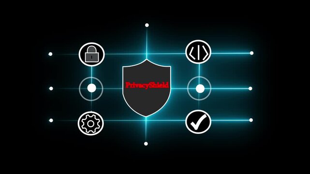 Privacy Sheild cyber security animation with lock and network technology icons for data protection, privacy encryption, coding safety, and digital defense background.