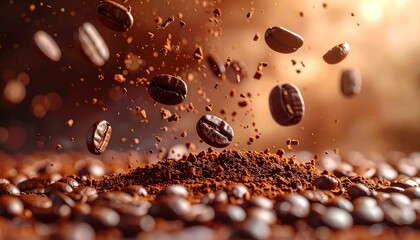 Coffee beans and grounds in motion