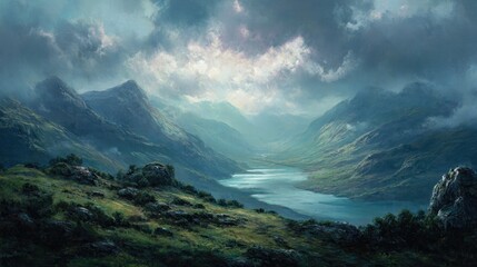 Mountainous valley with lake, dramatic sky