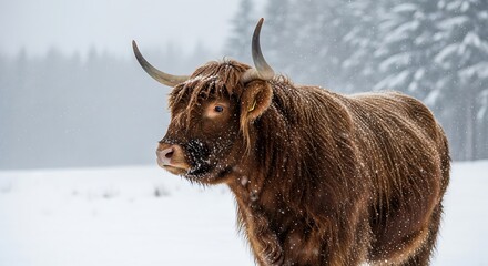 Highland cattle in snowy field, brown fur and long horns, winter scenic