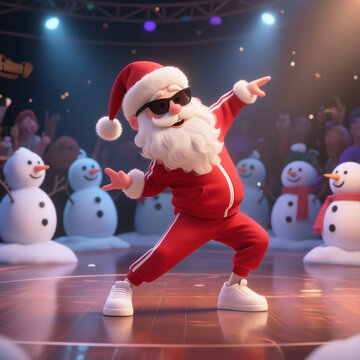 Santa in a red tracksuit and sunglasses dances on stage surrounded by snowmen and a cheering crowd under colorful lights.