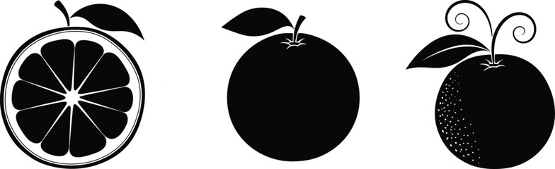 Black silhouette orange fruit slice vector illustration, fresh citrus design, healthy organic food clipart, isolated modern graphic for market branding