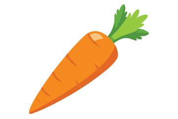 Bright orange carrot with fresh green leaves is displayed against a white backdrop