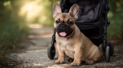 Fototapeta premium Adorable French bulldog puppy sits on a dirt path next to a stroller in a sunlit park