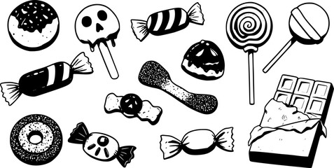 Spooky halloween icons set featuring pumpkins ghosts bats and candy white background
