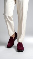 Burgundy loafers with cream pants