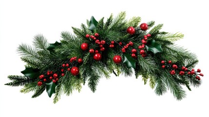crescent shaped christmas wreath with pine holly and red berries