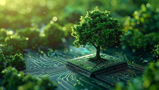 Lush tree on circuit board, digital nature - Powered by Adobe