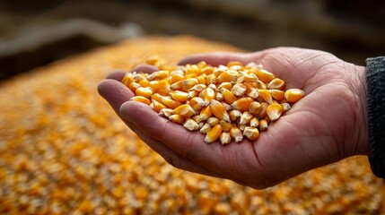 Farmer holding corn kernels in hands during harvest time. Agrobusiness concept