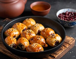 Baked buns, possibly red bean filled, in a pan, with tea accessories