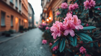 Pink rhododendron flowers bloom on a city street with cobblestone road.