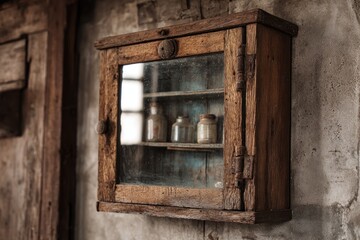 Worn wooden cabinet with glass shelves, vintage jars