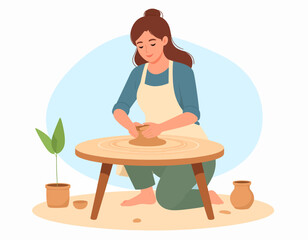 A cheerful woman in an apron is seated at a pottery wheel, skillfully shaping a clay pot. She is focused on her craft, embodying creativity and manual artistry.