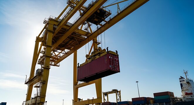 Industrial port operations with a container lifted by a large gantry crane - Powered by Adobe