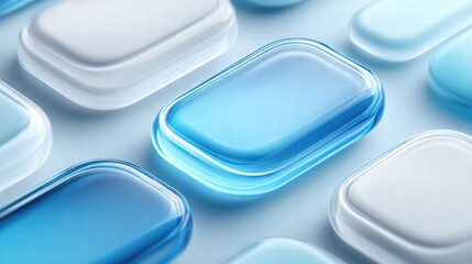 Abstract composition of translucent blue and white shapes.