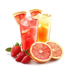 Photo of refreshing fruit juices in tall glasses with fresh grapefruit, strawberries, and citrus slices