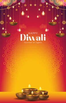 illustration of happy diwali background with lights and mandala decoration