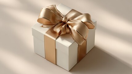 Fototapeta premium beautifully wrapped gift box with satin ribbon bow sits elegantly on neutral background casting soft shadows luxurious presentation evokes sense of anticipation and celebration