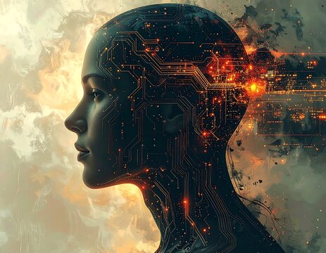 A futuristic female head, circuits glowing