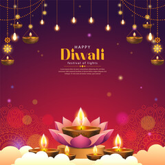 beautiful illustration of happy diwali background with lights and mandala decoration. diwali background with lights, mandala and cloud