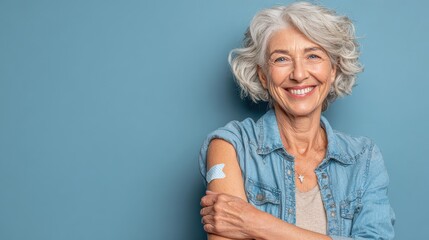 smiling healthy mature older senior happy woman showing bandage on arm after getting vaccination vaccine and old elder people inoculation elderly immunity for covid prevention concept portrait no log