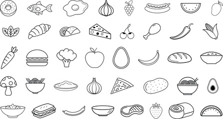 Food Outline Vector Icon Set | Restaurant, Fast Food, Drinks, Fruits, Vegetables & Kitchen Icons