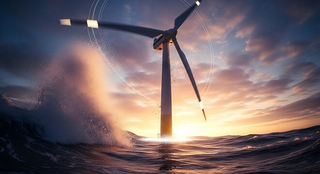Offshore Wind Turbine in Ocean During Sunset with Dynamic Water Splash and Dramatic Sky