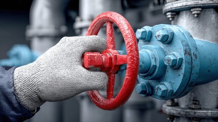 Hand turning a red valve on a blue pipe