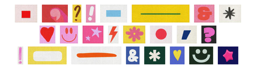 Colorful symbol cutouts set, isolated collage on a transparent PNG
