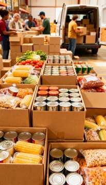 Close-up of aid boxes with food staples in warehouse, volunteers preparing and loading for distribution