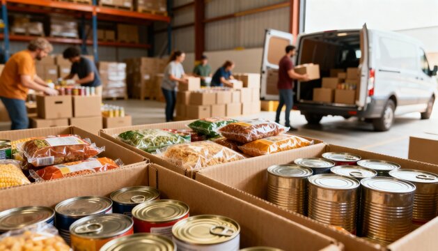 Close-up of aid boxes with food staples in warehouse, volunteers preparing and loading for distribution - Powered by Adobe