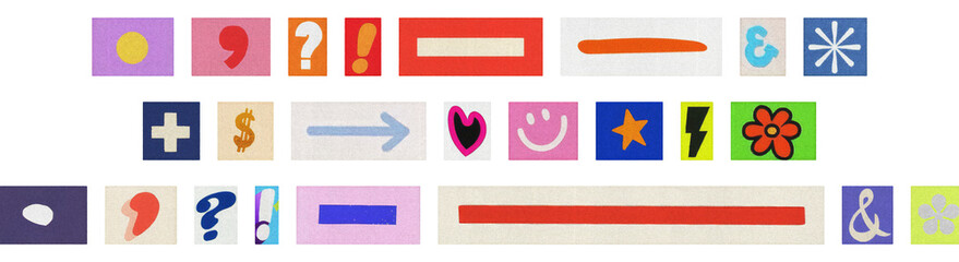 Keyboard and code symbols collage, magazine glyphs on transparent PNG
