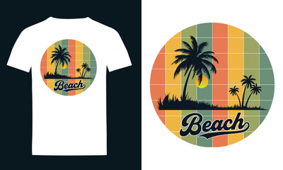 Retro Sunset Beach T-Shirt Design with Palm Tree Silhouette and Summer Vibes.