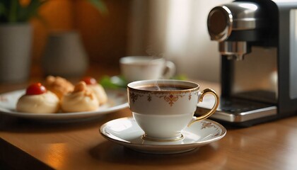 On the desk in the room, a glistening porcelain coffee cup filled with rich, steaming coffee, accompanied by a spread of delectable dinner treats and a sleek, modern coffee maker. The intricate design