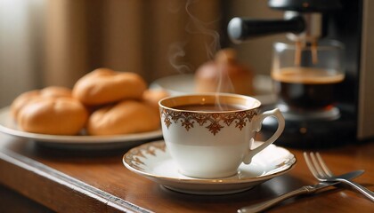 On the desk in the room, a glistening porcelain coffee cup filled with rich, steaming coffee, accompanied by a spread of delectable dinner treats and a sleek, modern coffee maker. The intricate design
