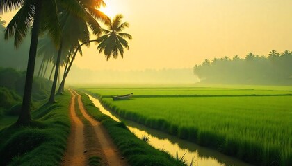 "A timeless Bengal countryside landscape, soft golden sunlight over endless green paddy fields, narrow winding village paths under tall palm and coconut trees, calm river reflecting the sky with a sma