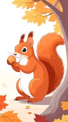 Fototapeta premium Cute squirrel with nut under autumn tree